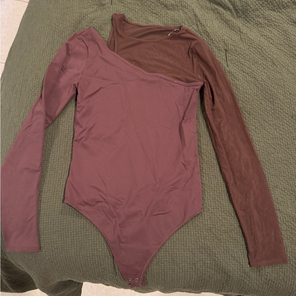 Abercrombie & Fitch Asymmetrical Long Sleeve Bodysuit in Brown